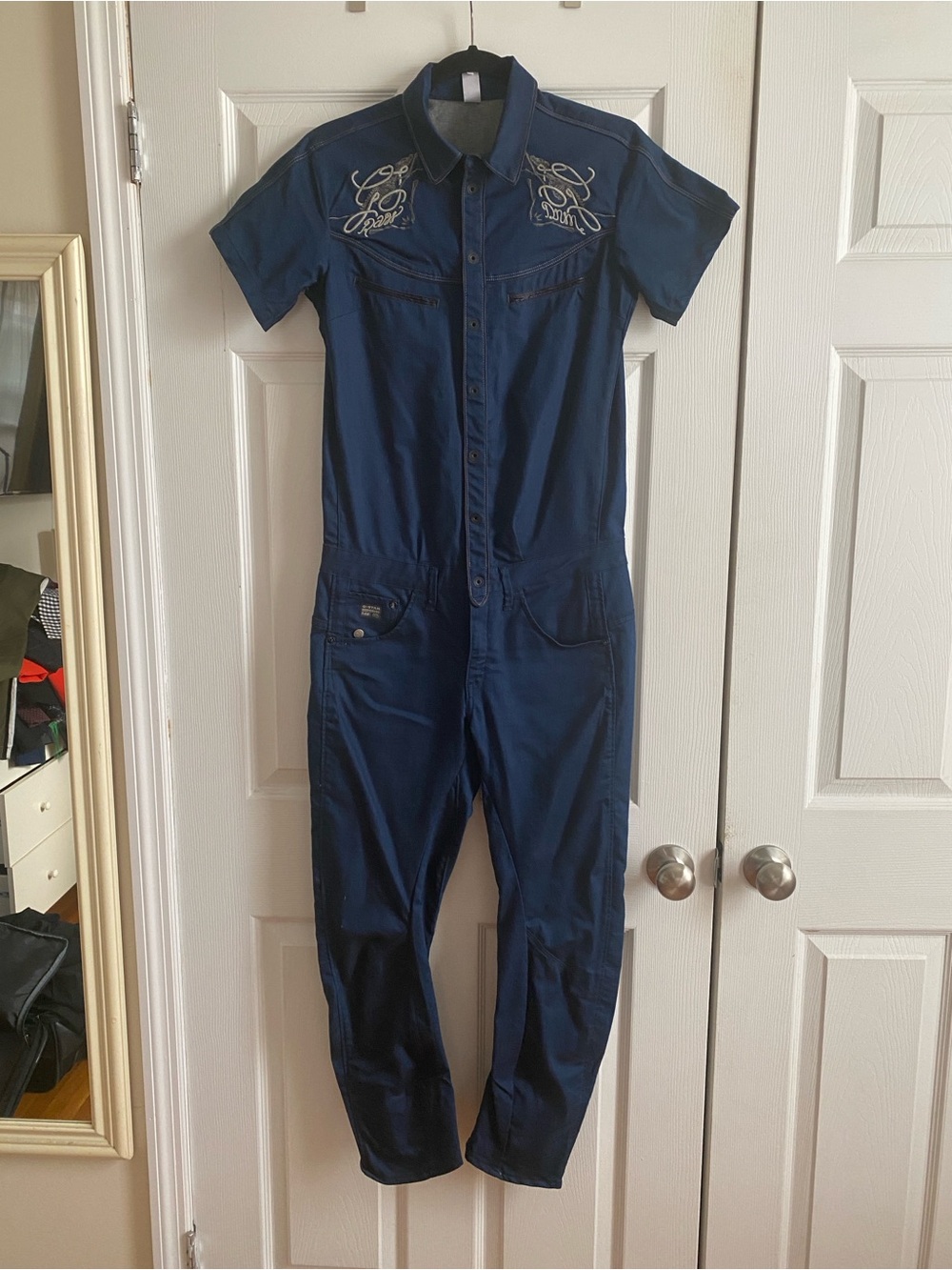 G-Star Navy Short-Sleeve Utility Jumpsuit with Embroidered Chest, Arc leg style